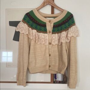 Loeffler Randall Cream and Green Cardigan Sweater with Decorative Yoke